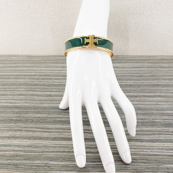 Tory Burch Enameled Kira Logo Hinged Bracelet Gold/ Green OS - Picture 11 of 12